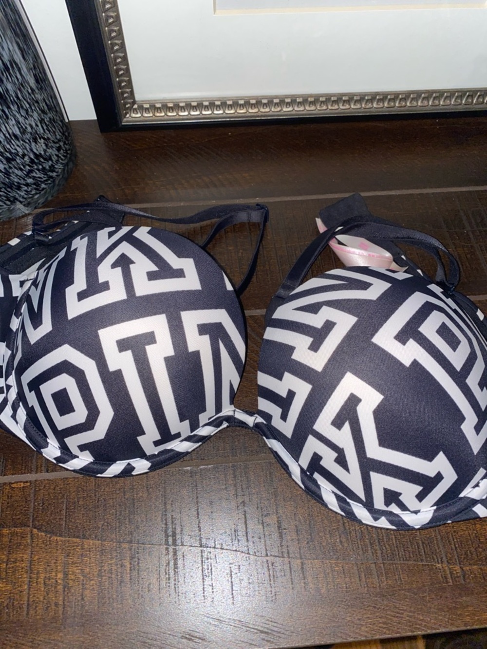 PINK Victoria's Secret Black & White Logo Print Push-Up Bra Size 34D Like New